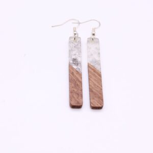 Boho-Style Wood & Resin Bar Earrings Silver Leaf