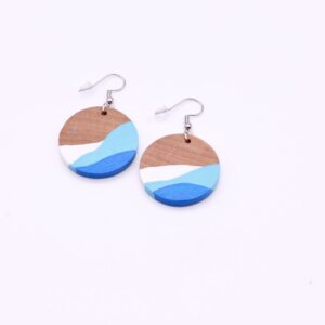 Boho-Style Wood Round Painted Earrings Blue
